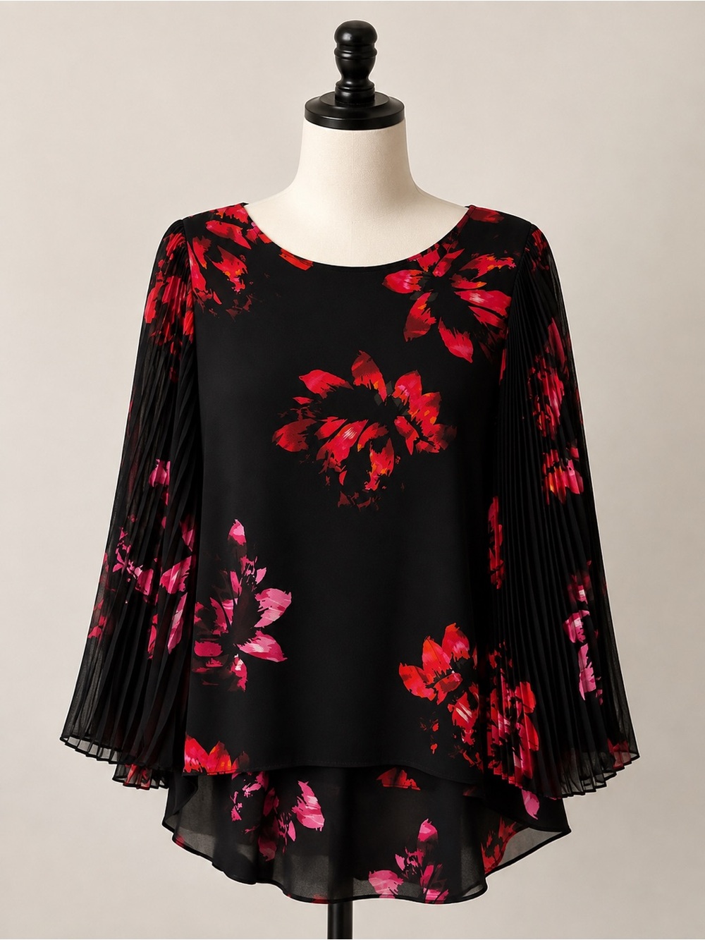 Vince Camuto Black Floral Pleated-Sleeve Blouse with Red & Pink Blooms